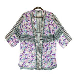Susan Graver Large Purple Multi Floral Sheer Woven Kimono Cardigan Easter Spring
